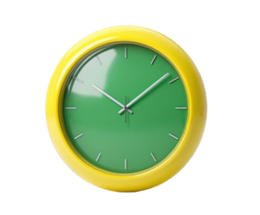 A bright yellow wall clock with a green face and silver hands, isolated on a transparent background, representing time and punctuality