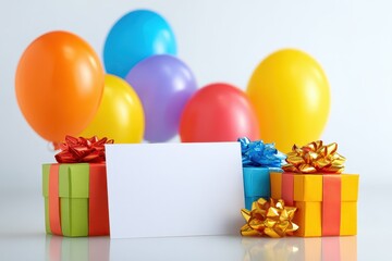 Colorful birthday card with balloons and gift boxes on a white backdrop celebrating a special occasion, ready for personalization and festivities