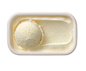 A closeup overhead view of a scoop of creamy vanilla ice cream in a rectangular container, isolated on a transparent background