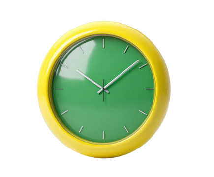 A bright yellow wall clock with a green face and silver hands, isolated on a transparent background, representing time and punctuality