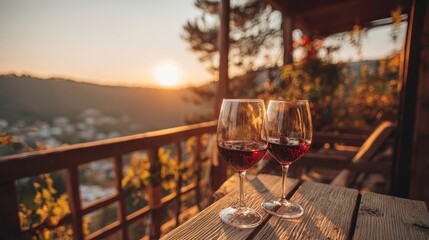 Obraz premium Red Wine Sunset Balcony View - Relaxing, Elegant, Romantic