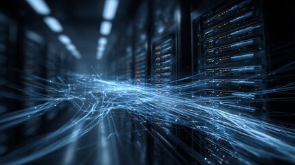 Dynamic glowing data streams surge through a modern server room, representing high-speed connectivity and digital transformation, an abstract concept of information flow and technology's future.