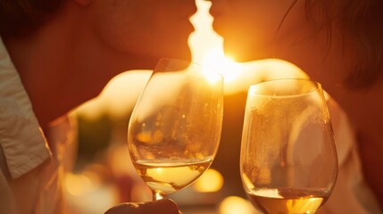 Wine Toast Sunset: Romantic Couple, Golden Hour Drinks