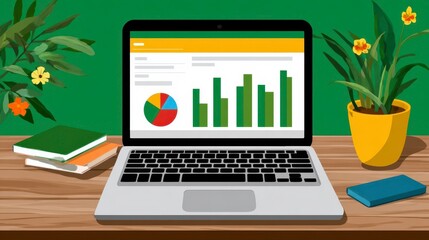 Laptop Data Analysis, Home Office Setup, Plants - business technology