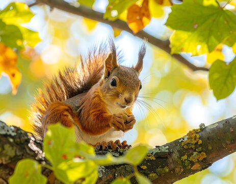 A charming red squirrel, holding a nut, sits contentedly on a tree branch amidst vibrant fall foliage.