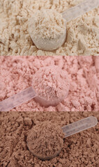 Vertical collage of three scoops with protein powder in vanilla, strawberry and chocolate flavor. Gym sports nutrition supplement set, healthy lifestyle, fitness concept. Diet. Lean protein powdered