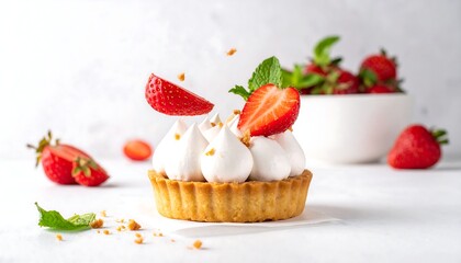 Obraz premium Close-up of a delicious tart with meringue topping and fresh strawberries, mint, crumbs. Dessert, food, culinary