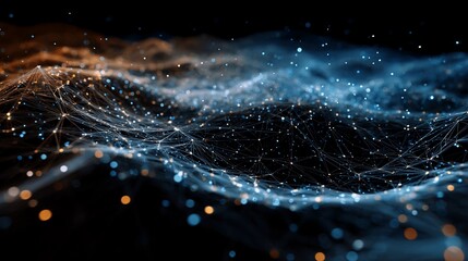 Dynamic abstract network of glowing digital particles and connections creating a sense of complex data flow and advanced technology.