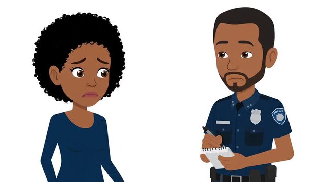 Animated scene shows concerned woman reporting incident to police officer taking notes, ideal for crime prevention campaigns or community safety initiatives