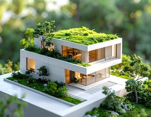A modern, eco-friendly residential building model showcases sustainable design with multiple levels of lush green landscaping.