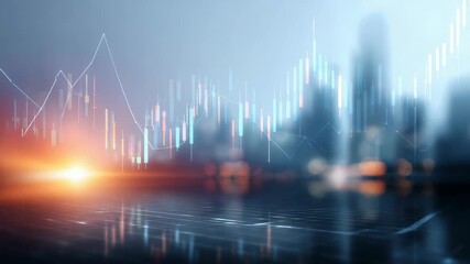 Futuristic financial graph overlays a blurred city skyline, representing data analysis and economic progress. Vibrant lights and digital elements evoke technology driven investment opportunities - Powered by Adobe