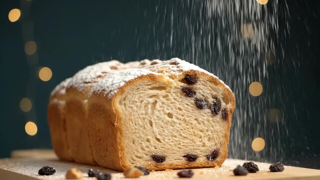 Raisin bread loaf, slice cut open, being dusted with confectioner's sugar on a wooden board. Close-up shot of sweet treat. Holiday baking, homemade dessert, winter cuisine.