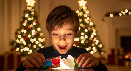 A boy opening a christmas present with christmas trees