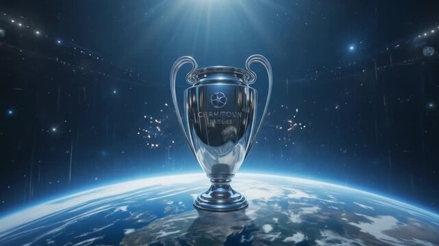 Silver Champions League Trophy on Earth at Night. 4k video