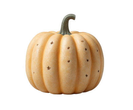 A decorative orange pumpkin with small dark star patterns, isolated on a transparent background, perfect for autumn and halloween themes - Powered by Adobe