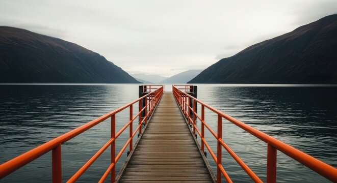 Wooden pier with orange railings leads across a calm lake towards distant mountains