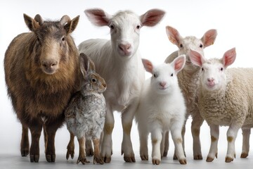 Fototapeta premium Group of diverse farm animals including sheep, cows, a rabbit, and goats against a white background enjoying a peaceful moment together in a studio setting