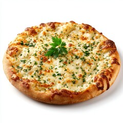 A mouthwatering close-up shot of a cheesy, round garlic bread garnished with fresh parsley