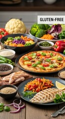 Healthy gluten free food spread on a rustic wooden table. Delicious wholesome diet meal with grilled chicken, fresh colorful vegetables, pizza, and natural ingredients for nutritious eating.