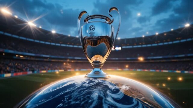 Silver Champions League Trophy on Earth at Night. 4k video