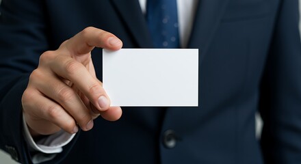 A male hand in the foreground holding a blank white business card, with a dark suit blurred in the background.