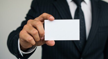 A male hand in the foreground holding a blank white business card, with a dark suit blurred in the background.
