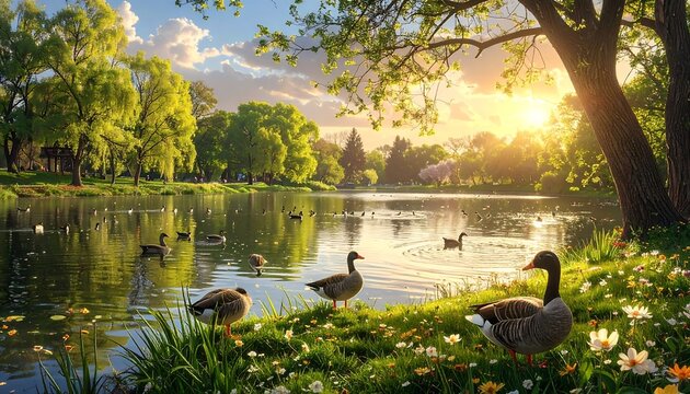 A tranquil park lake scene at sunrise, showcasing serene water, lush greenery, and graceful geese amidst vibrant wildflowers.
