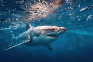 Naklejka premium Realistic image of a shark swimming forward in crystal clear water, showcasing its powerful form and natural beauty in an underwater environment