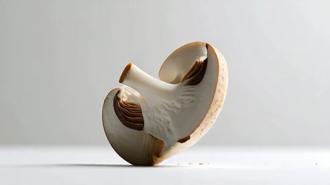 Fresh Sliced Champignon Mushroom Levitating and Landing.