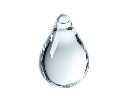 A single, clear, transparent water droplet suspended in midair, isolated on a pure transparent background, showcasing its perfect spherical shape and reflecting light
