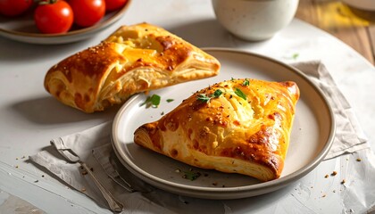 Two golden-brown, flaky pastries, filled with cheese and herbs, sit on a light gray plate, glistening with a delicious appearance.