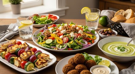 Healthy plant based meal featuring grilled cheese kebabs, fresh green salad with nuts and feta, creamy vegetable soup, and falafel with dip, presented on a wooden table with bread and olives.