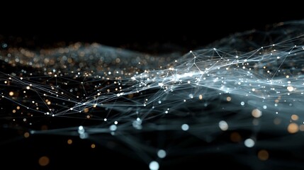 Dynamic network of glowing nodes and connections creates a futuristic abstract digital landscape, perfect for technology, innovation, and data visualization concepts