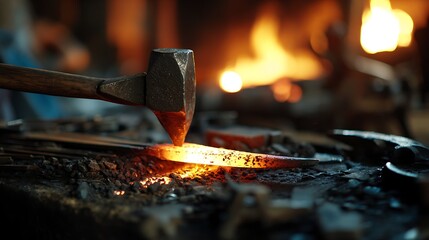 A close-up shot of a blacksmith working with a hammer and hot metal in a forge