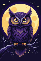 Adobe Illustrator Artwork Cute Owl Cartoon Illustration with Full Moon – Night Bird Art