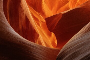Obraz premium Vibrant orange walls of a slot canyon showcase intricate textures and shapes during midday light in a natural wonder of geological formations