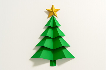 Obraz premium Origami Christmas tree with golden star on white background