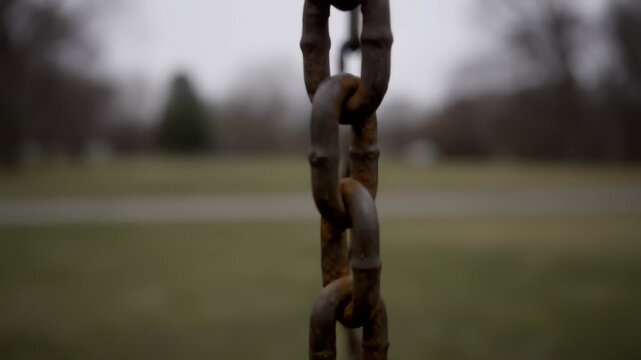 Old rusty metal chains hanging in a dreary outdoor setting.