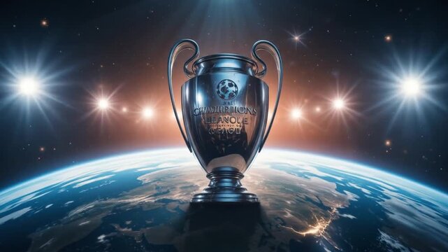 Silver Champions League Trophy on Earth at Night. 4k video