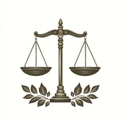 Symbol of justice represented by balanced scales adorned with decorative leaves in a simple design