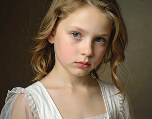 Naklejka premium Close-up portrait of a young girl with thoughtful expression, featuring delicate features and soft, flowing light-brown curls.