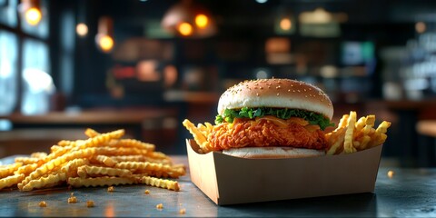 Crispy fried chicken burger accompanied by crinkle-cut fries in a stylish restaurant setting