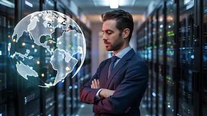 Businessman with arms crossed in front of glowing digital globe in server room data center technology - Powered by Adobe