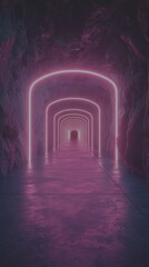 Vibrant purple neon lights illuminate a mysterious tunnel within rocky surroundings at night - Low Contrast