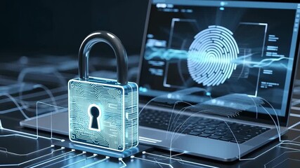 Digital padlock with circuit board pattern and fingerprint scan on laptop screen security cybersecurity - Powered by Adobe