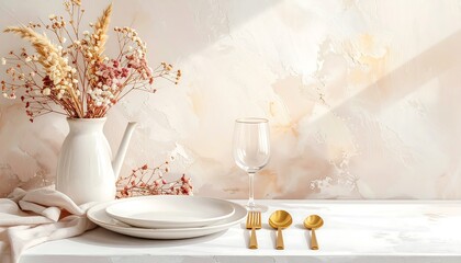A delicate arrangement of dried flowers in a white vase, complemented by simple white plates, a wine glass, and gold cutlery, set against a soft blush-toned textured wall, evokes a serene and...