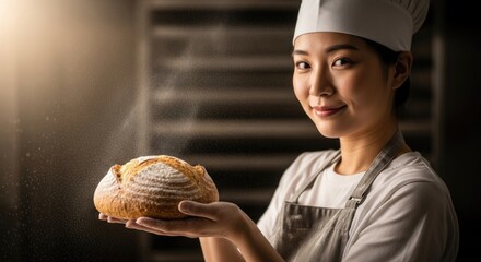 Harvest bounty: A baker with a fresh loaf of bread, a symbol of gratitude and labor in Japan, dusts flour in a warm kitchen, celebrating tradition.