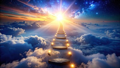 Stone steps rise among clouds towards radiant sun on cosmic sky. Ladder of hope, spiritual ascent, future progress, dreamy landscape, transcendence and ambition.