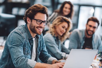 Group of young coworkers collaborating and brainstorming at a modern office space during the day