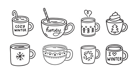 Obraz premium Cozy winter mugs line art clipart set with quotes and simple symbols, monochrome collection, hand drawn.